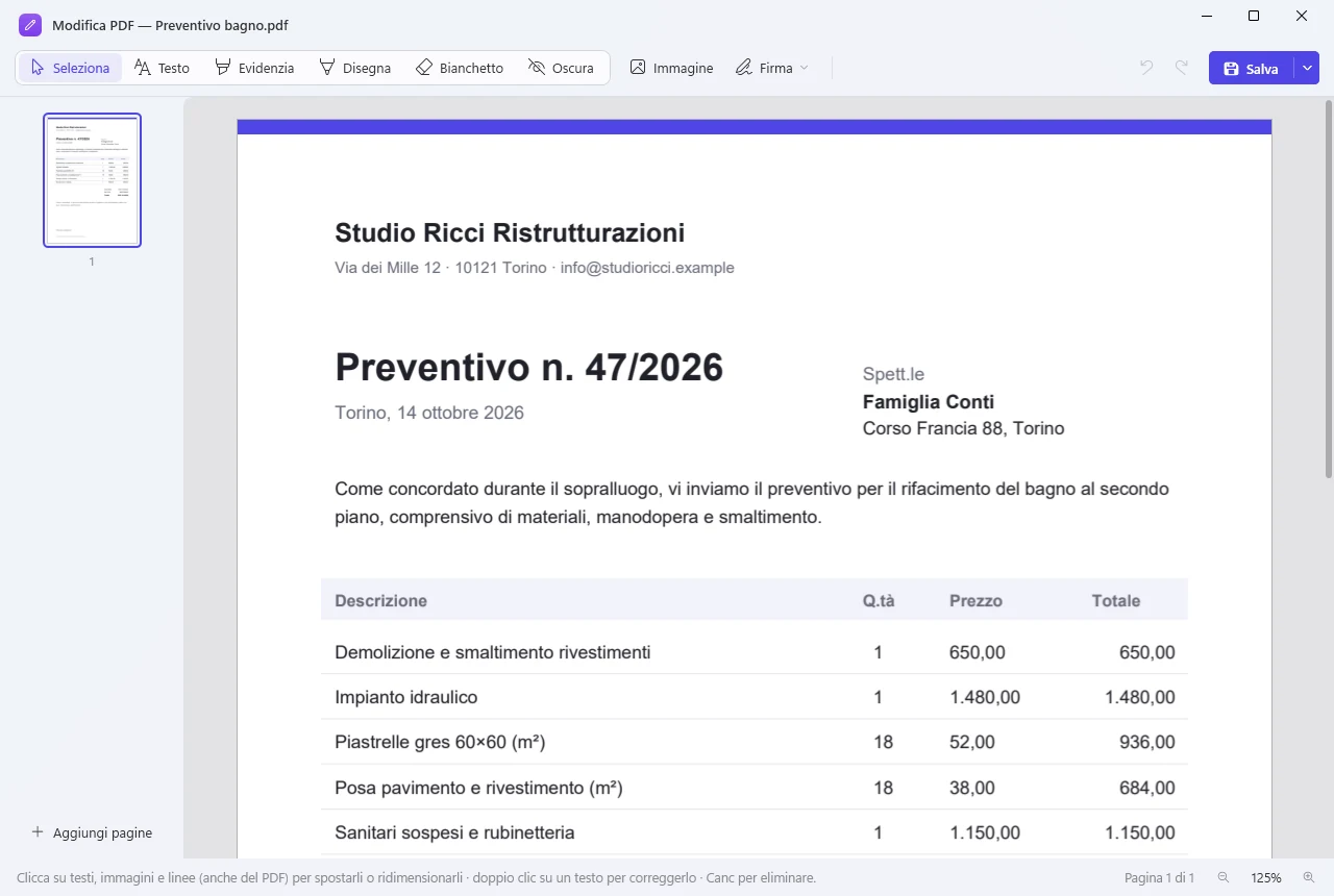 L'editor PDF di TadaFile con un preventivo aperto e gli strumenti Testo, Evidenzia, Disegna, Bianchetto, Oscura, Immagine e Firma